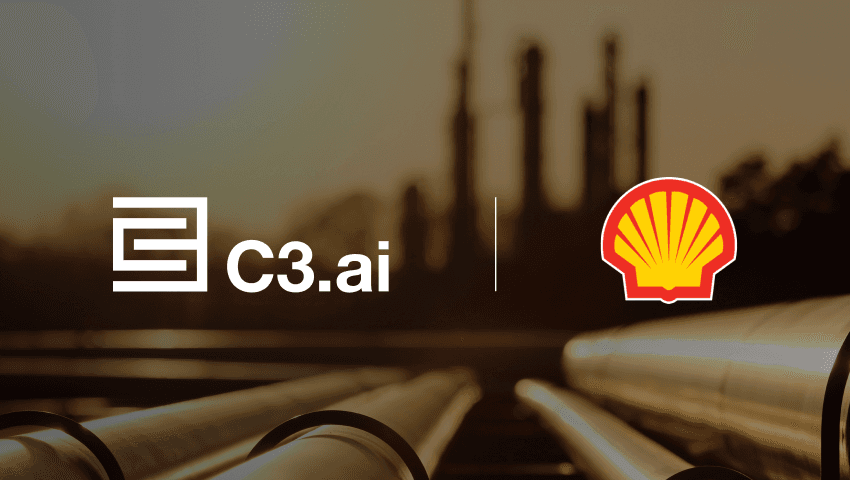 The white C3 AI logo and the yellow-and-red Shell logo side by side, separated by a vertical divider, over a photo of refinery pipelines at dusk.