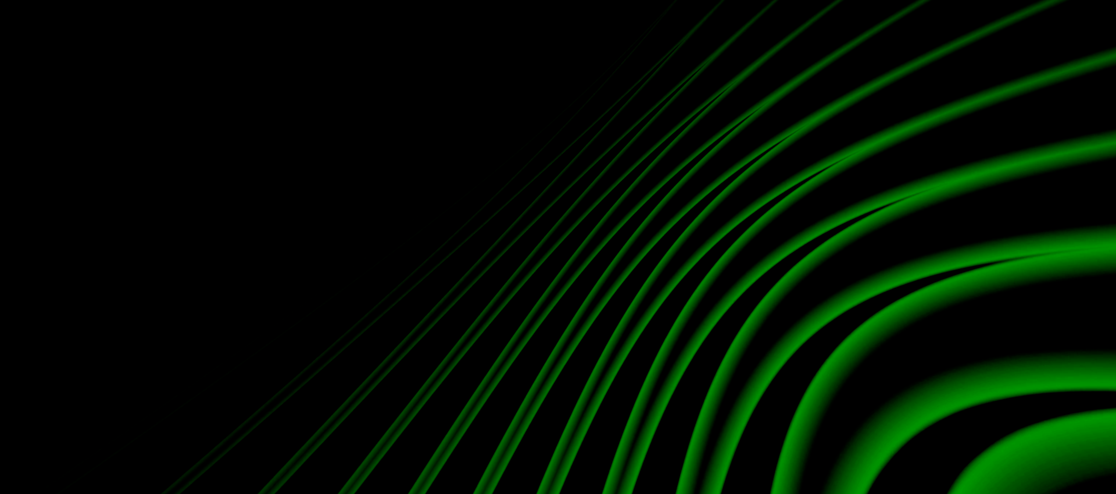 Decorative abstract background of glowing green curved lines sweeping across a black field.